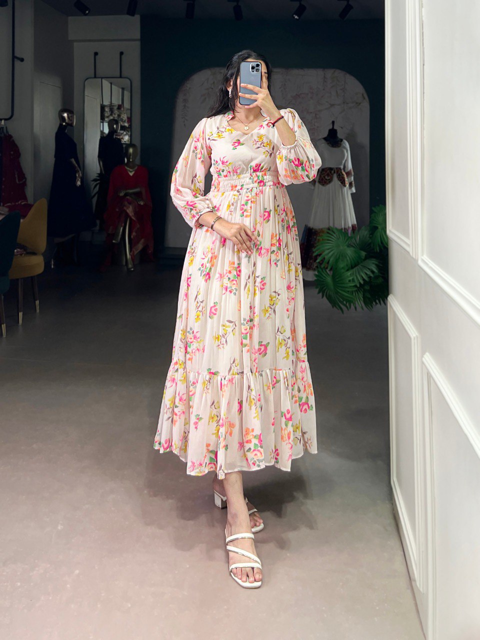 Cream Elegant Floral Print Georgette Stitched Frock with Micro Crepe Lining – 4 Meter Flair ClothsVilla