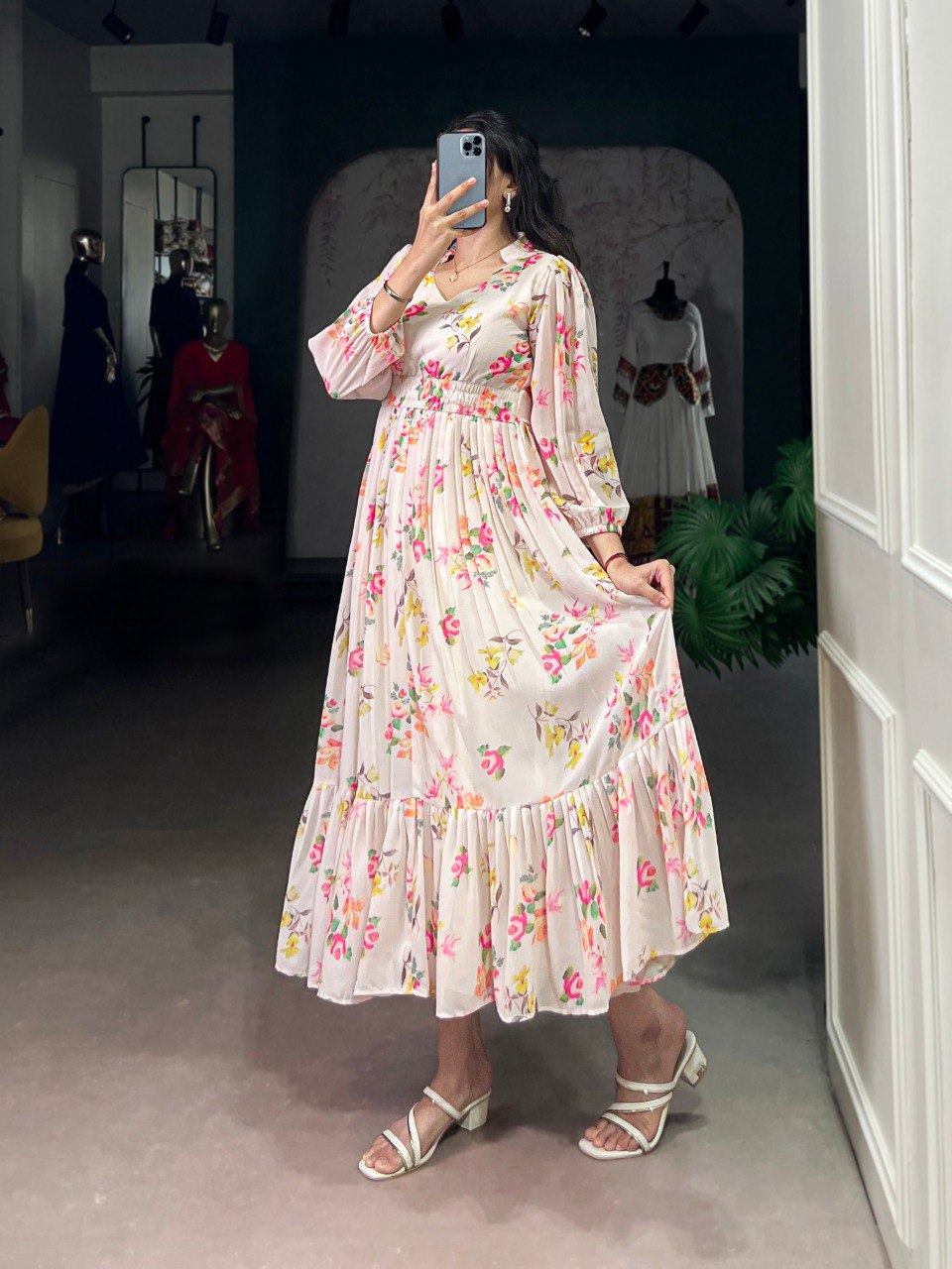 Cream Elegant Floral Print Georgette Stitched Frock with Micro Crepe Lining – 4 Meter Flair ClothsVilla