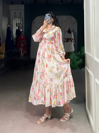 Cream Elegant Floral Print Georgette Stitched Frock with Micro Crepe Lining – 4 Meter Flair ClothsVilla
