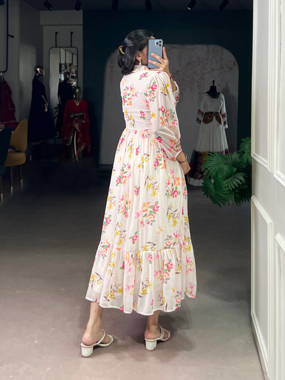 Cream Elegant Floral Print Georgette Stitched Frock with Micro Crepe Lining – 4 Meter Flair ClothsVilla