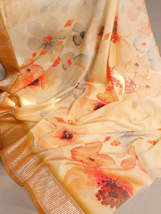 Cream Elegant Floral Printed Tussar Silk Saree with Viscose Border ClothsVilla
