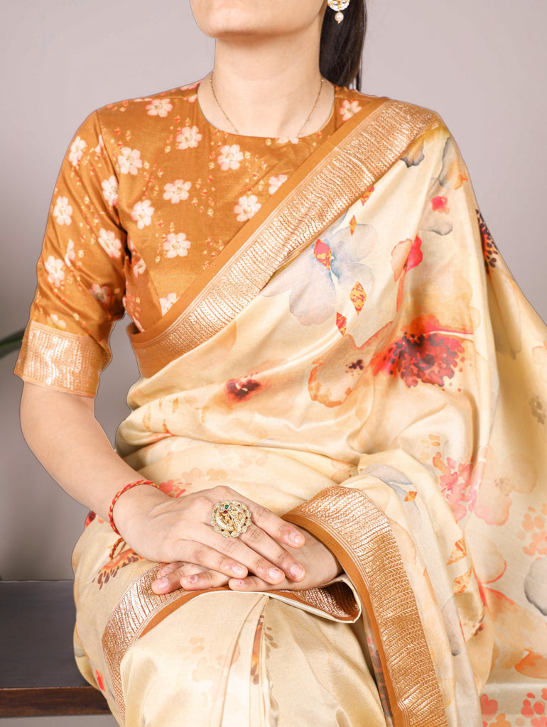 Cream Elegant Floral Printed Tussar Silk Saree with Viscose Border ClothsVilla