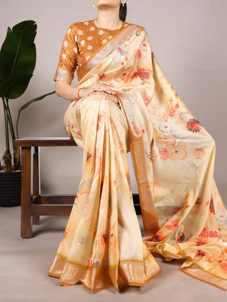 Cream Elegant Floral Printed Tussar Silk Saree with Viscose Border ClothsVilla