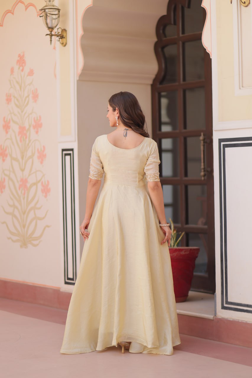Cream Elegant Gold Crush Embroidered Gown for Women 8 Meter Umbrella Flair Party & Festive Wear ClothsVilla