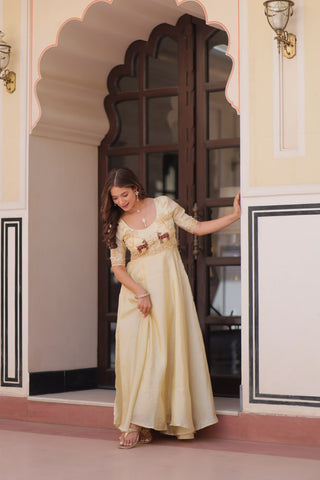 Cream Elegant Gold Crush Embroidered Gown for Women 8 Meter Umbrella Flair Party & Festive Wear ClothsVilla