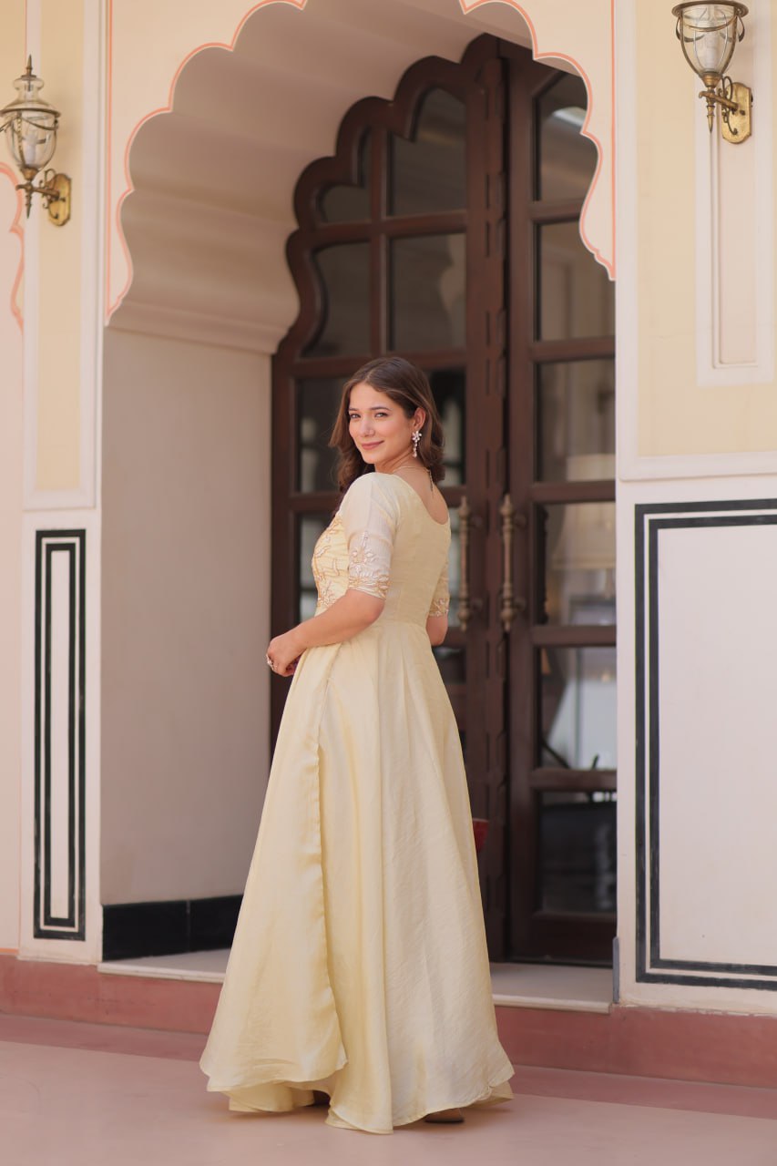 Cream Elegant Gold Crush Embroidered Gown for Women 8 Meter Umbrella Flair Party & Festive Wear ClothsVilla