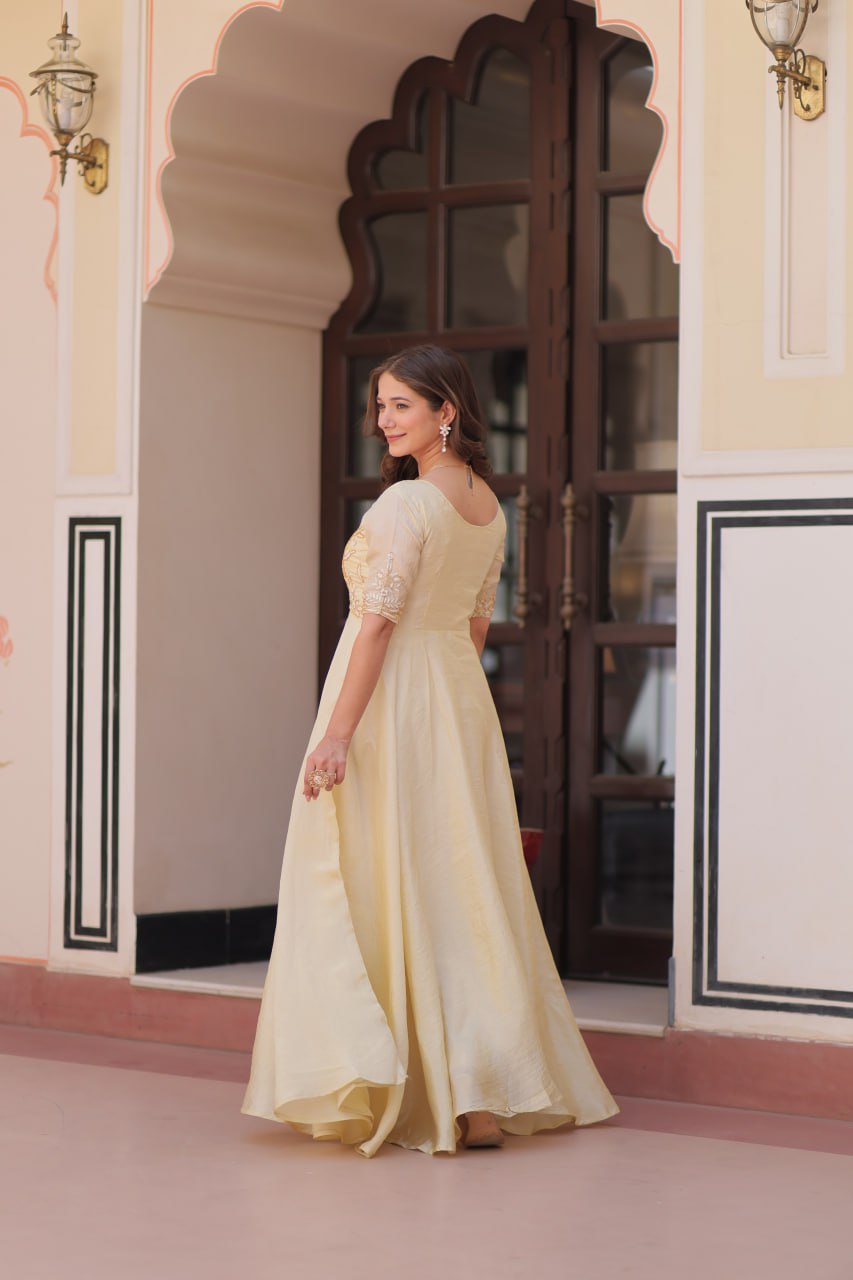 Cream Elegant Gold Crush Embroidered Gown for Women 8 Meter Umbrella Flair Party & Festive Wear ClothsVilla