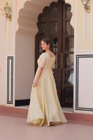Cream Elegant Gold Crush Embroidered Gown for Women 8 Meter Umbrella Flair Party & Festive Wear ClothsVilla