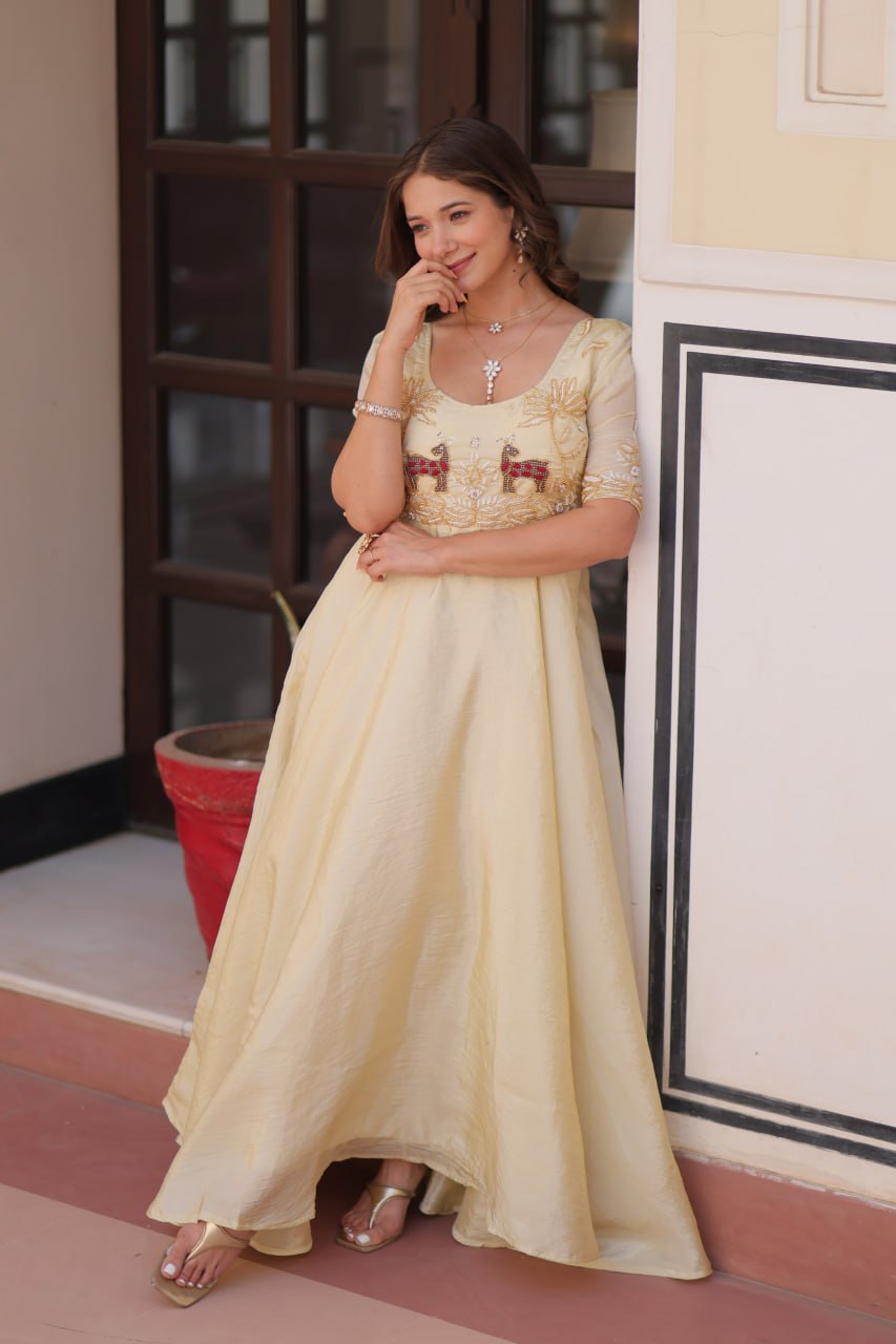 Cream Elegant Gold Crush Embroidered Gown for Women 8 Meter Umbrella Flair Party & Festive Wear ClothsVilla