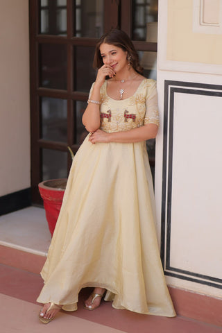 Cream Elegant Gold Crush Embroidered Gown for Women 8 Meter Umbrella Flair Party & Festive Wear ClothsVilla