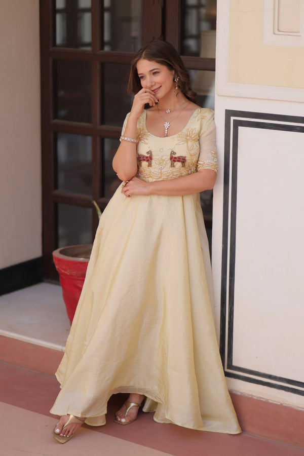 Cream Elegant Gold Crush Embroidered Gown for Women 8 Meter Umbrella Flair Party & Festive Wear ClothsVilla