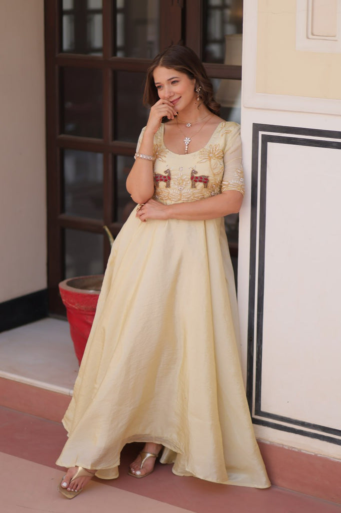 Cream Elegant Gold Crush Embroidered Gown for Women 8 Meter Cream Elegant Gold Crush Embroidered Gown for Women 8 Meter