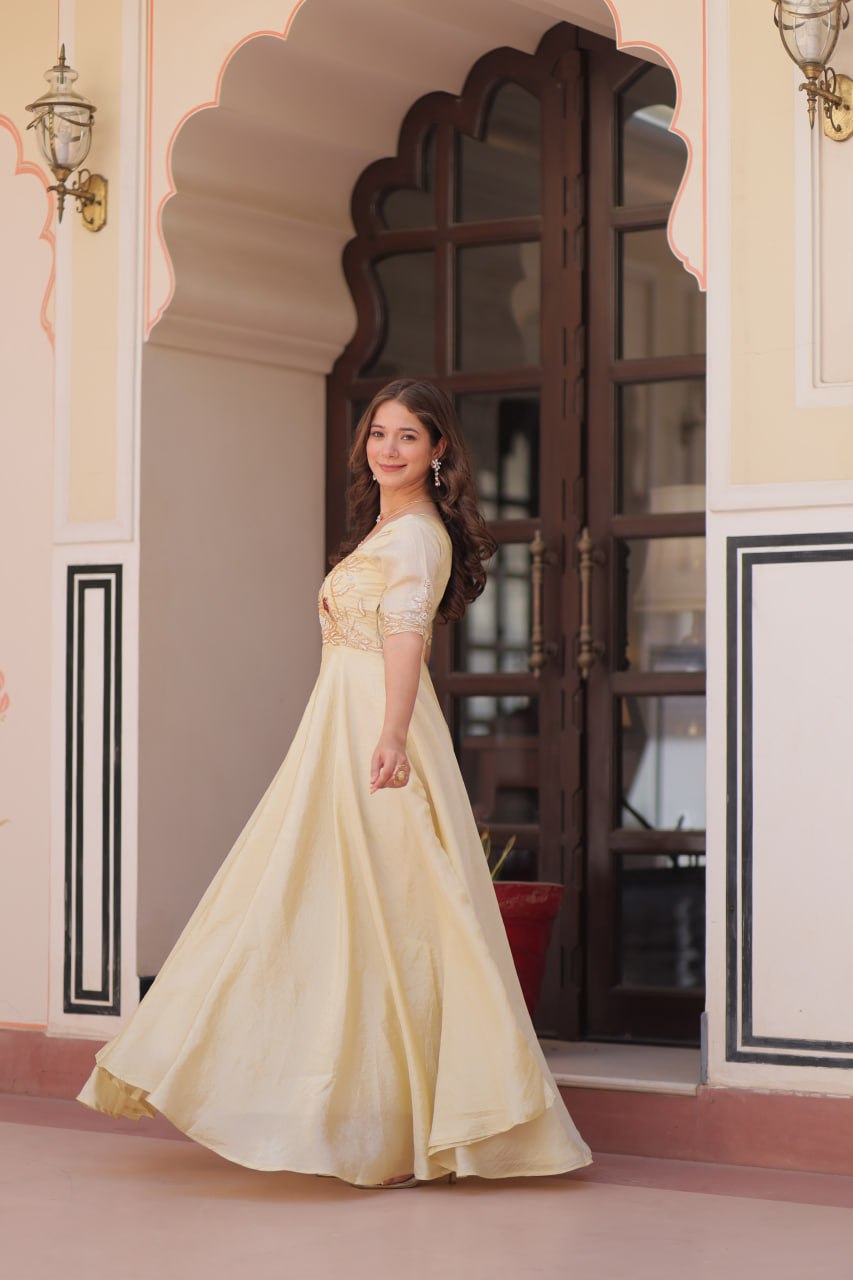 Cream Elegant Gold Crush Embroidered Gown for Women 8 Meter Umbrella Flair Party & Festive Wear ClothsVilla
