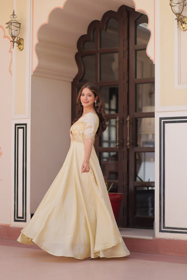 Cream Elegant Gold Crush Embroidered Gown for Women 8 Meter Umbrella Flair Party & Festive Wear ClothsVilla