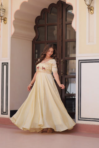 Cream Elegant Gold Crush Embroidered Gown for Women 8 Meter Umbrella Flair Party & Festive Wear ClothsVilla