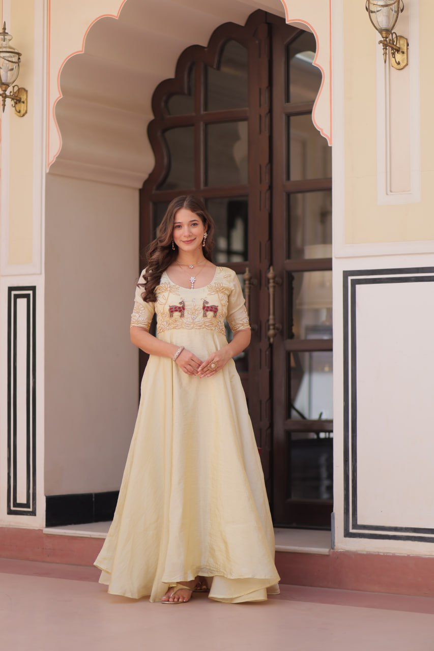 Cream Elegant Gold Crush Embroidered Gown for Women 8 Meter Umbrella Flair Party & Festive Wear ClothsVilla
