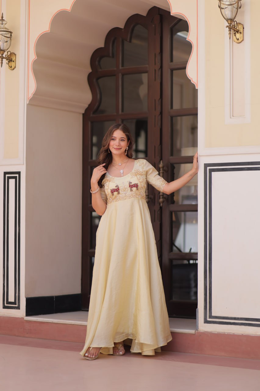Cream Elegant Gold Crush Embroidered Gown for Women 8 Meter Umbrella Flair Party & Festive Wear ClothsVilla