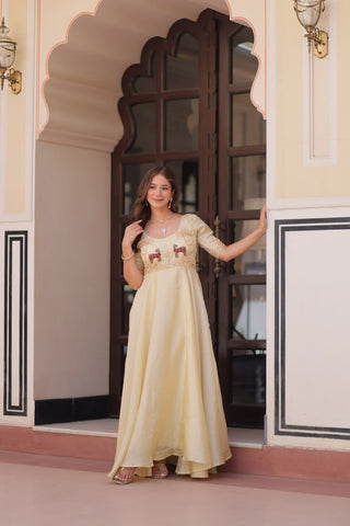 Cream Elegant Gold Crush Embroidered Gown for Women 8 Meter Umbrella Flair Party & Festive Wear ClothsVilla