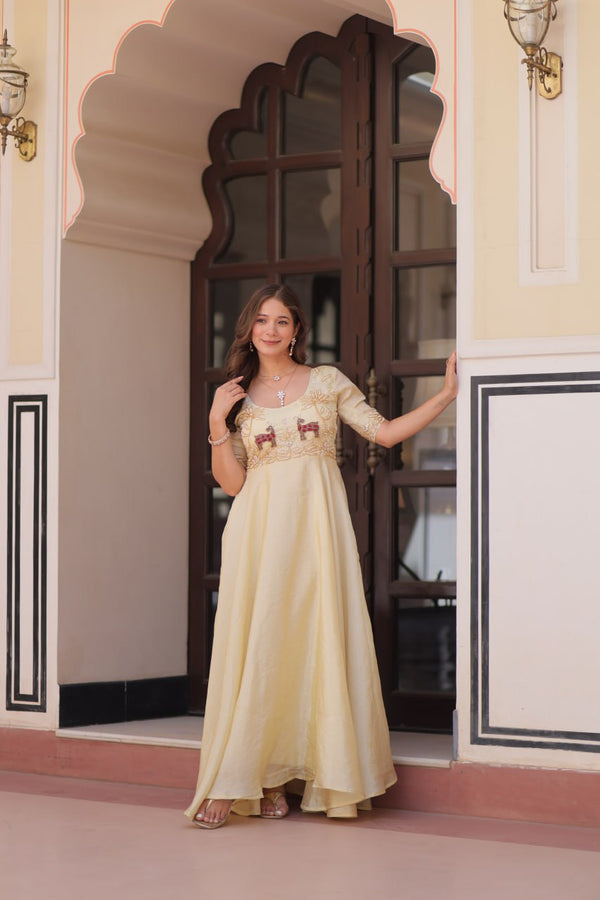 Cream Elegant Gold Crush Embroidered Gown for Women 8 Meter Umbrella Flair Party & Festive Wear ClothsVilla