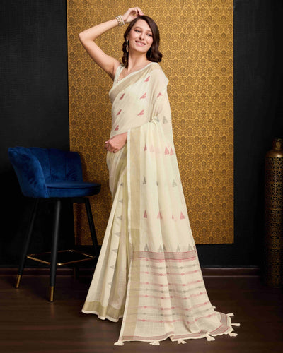Cream Elegant & Gold-Toned Ikat Woven Saree with Zari Border ClothsVilla