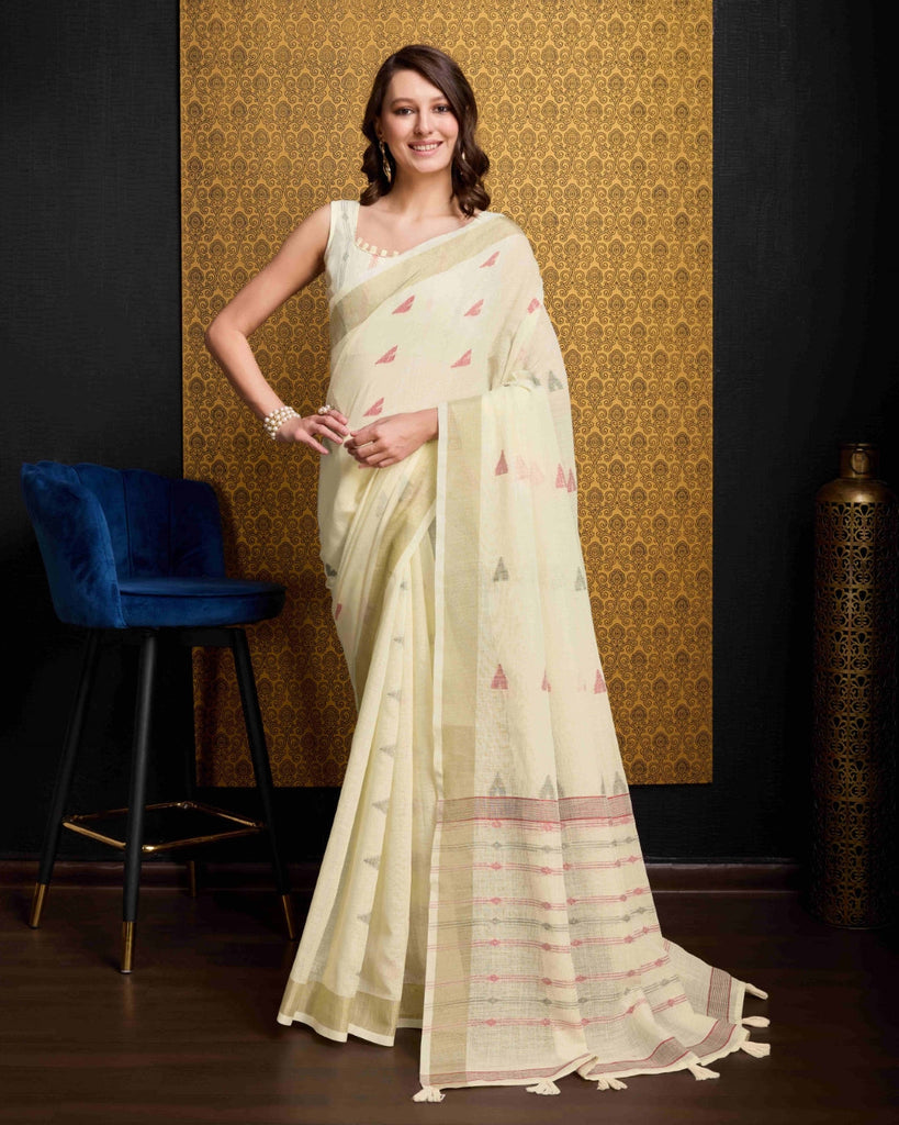 Cream Elegant & Gold-Toned Ikat Woven Saree with Zari Border ClothsVilla