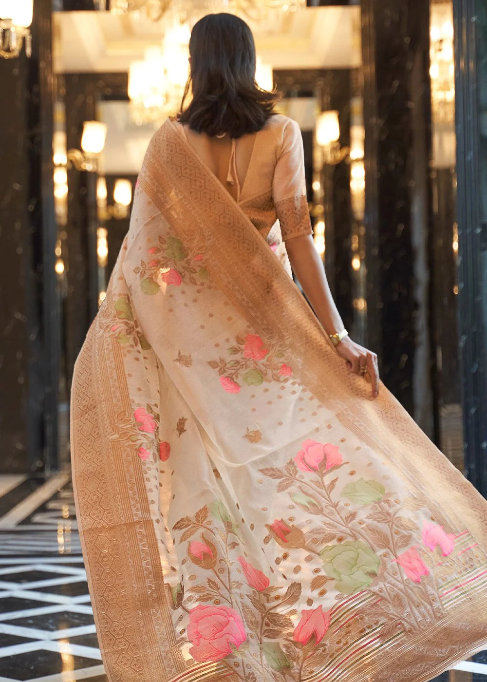 Cream Elegant Linen Saree with Floral Printed Weaving Work ClothsVilla