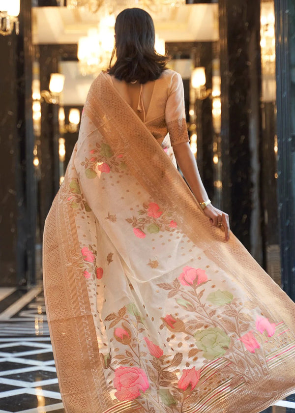 Cream Elegant Linen Saree with Floral Printed Weaving Work ClothsVilla