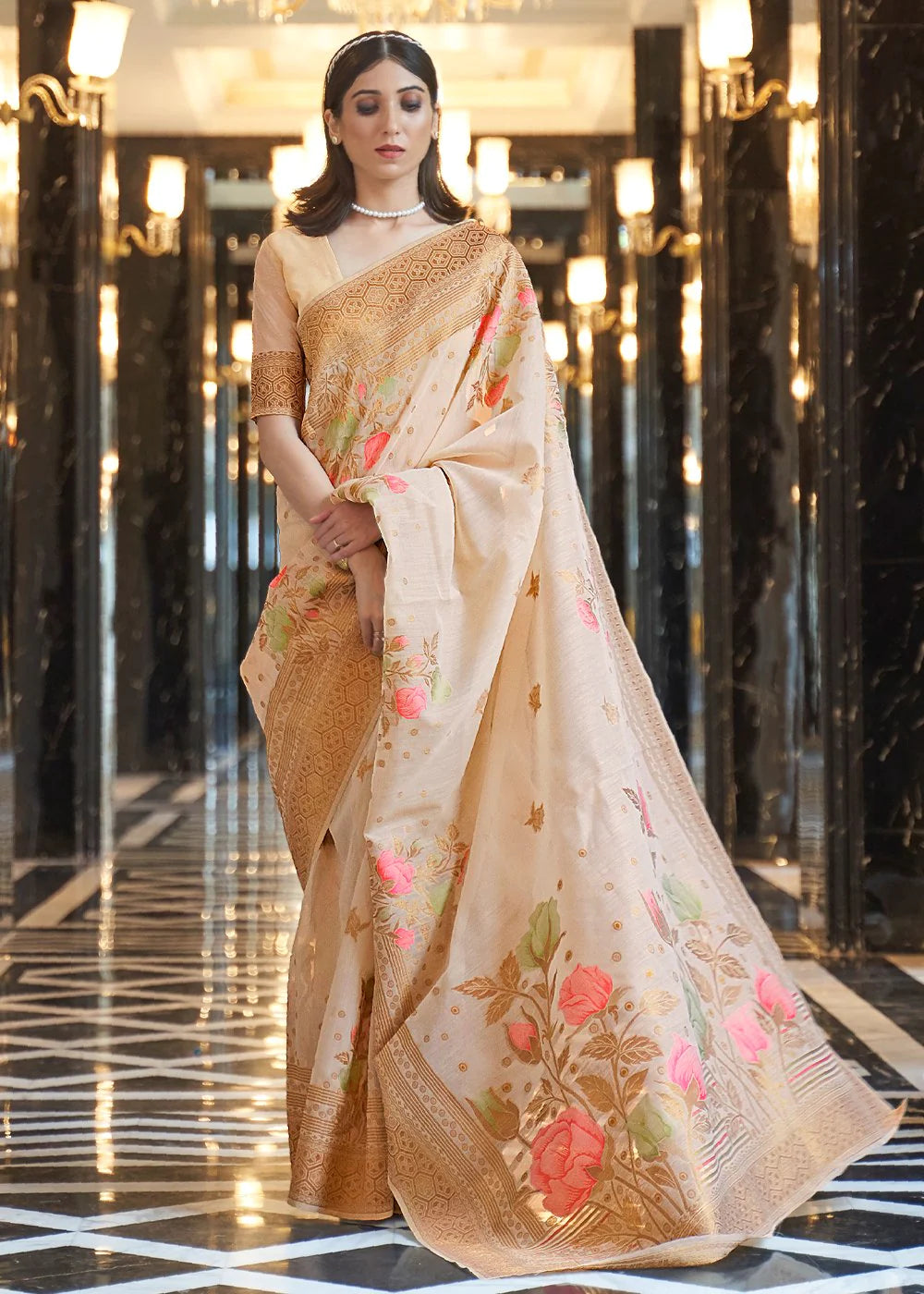 Cream Elegant Linen Saree with Floral Printed Weaving Work ClothsVilla