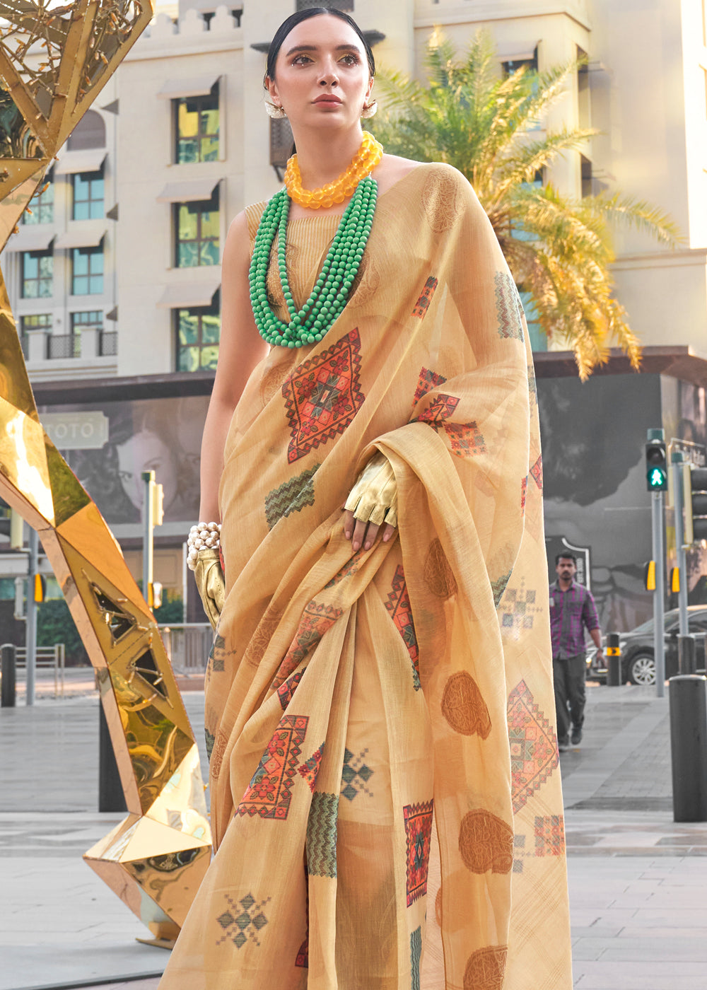 Cream Elegant Linen Silk Saree – Breathable & Stylish with Blouse Piece ClothsVilla
