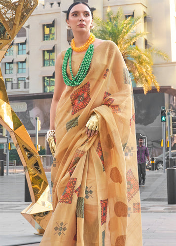 Cream Elegant Linen Silk Saree – Breathable & Stylish with Blouse Piece ClothsVilla