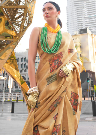 Cream Elegant Linen Silk Saree – Breathable & Stylish with Blouse Piece ClothsVilla