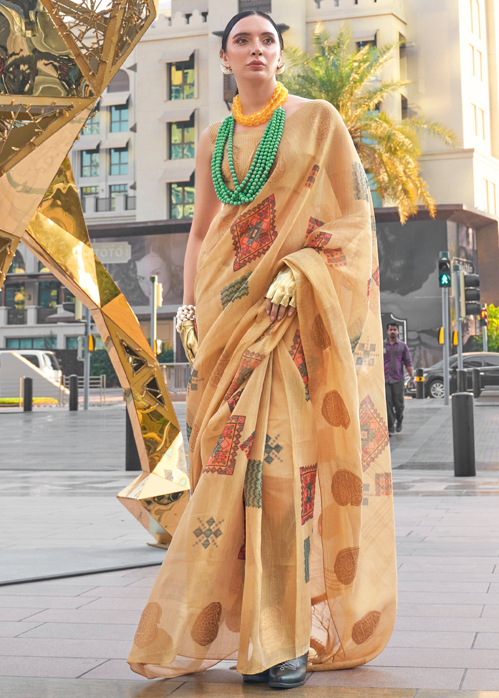 Cream Elegant Linen Silk Saree – Breathable & Stylish with Blouse Piece ClothsVilla Main image