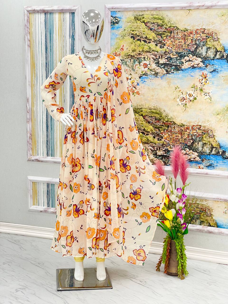 Cream Elegant Party Wear Printed Gown & Dupatta Set with Bottom – Full Stitched Secondary image