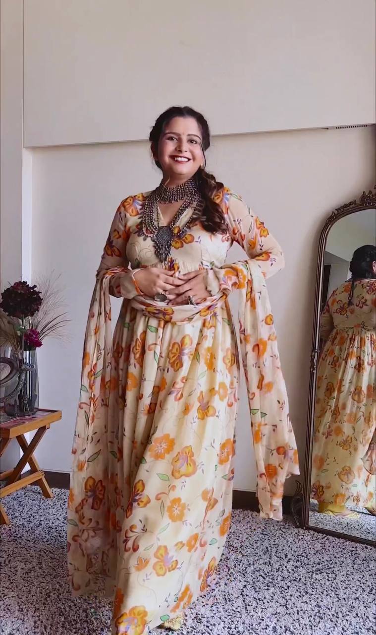 Cream Elegant Party Wear Printed Gown & Dupatta Set with Bottom – Full Stitched Clothsvilla Main image