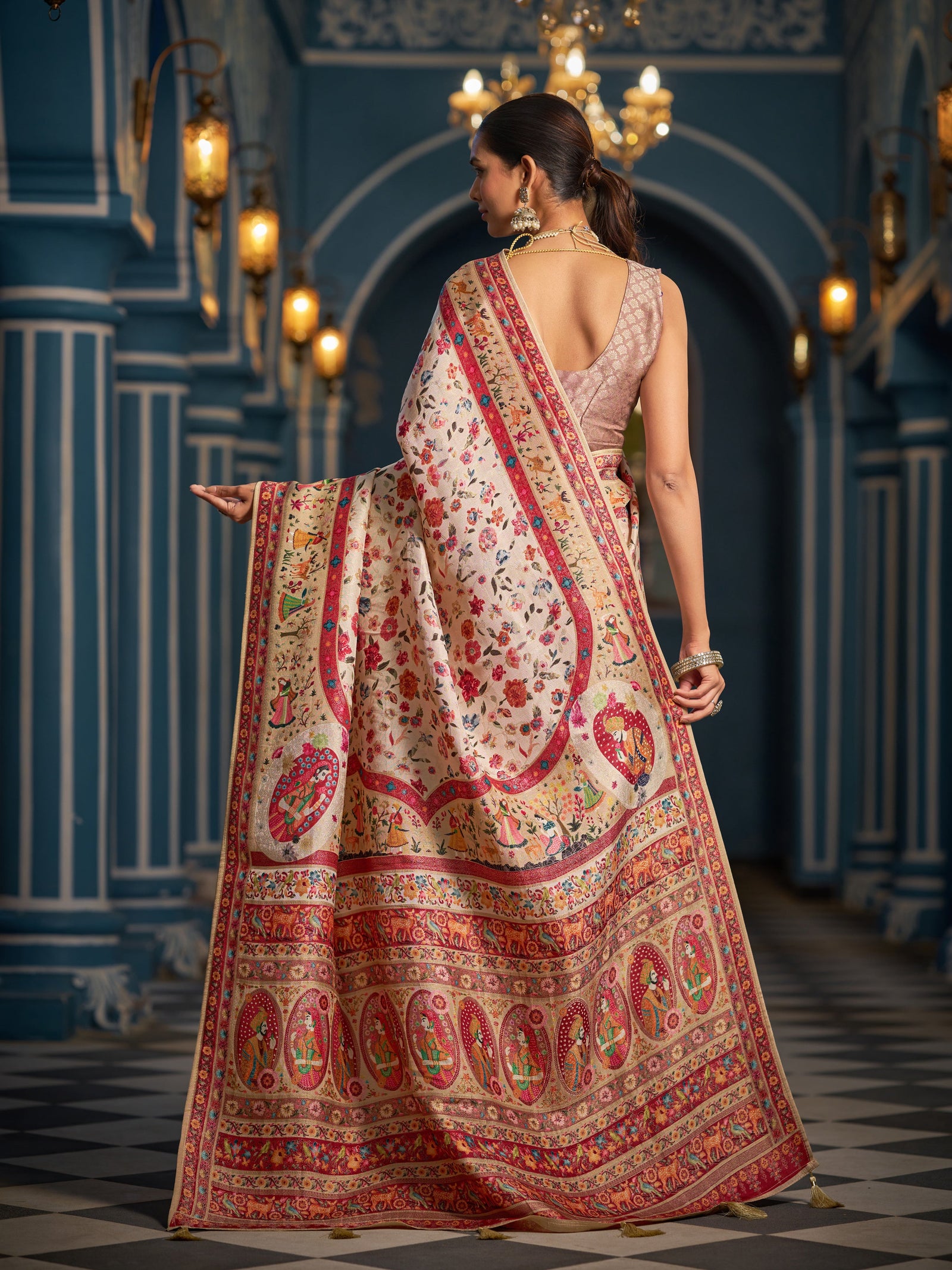 Cream Elegant Pashmina Kashmiri Jacquard Saree with Kalamkari & Meenakari Weaving ClothsVilla