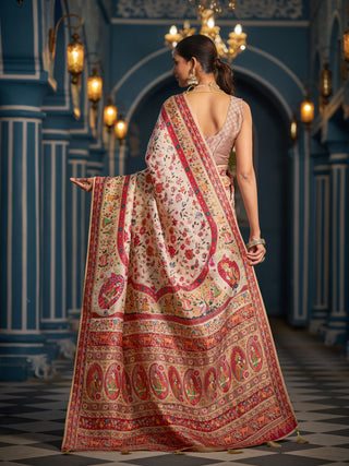 Cream Elegant Pashmina Kashmiri Jacquard Saree with Kalamkari & Meenakari Weaving ClothsVilla