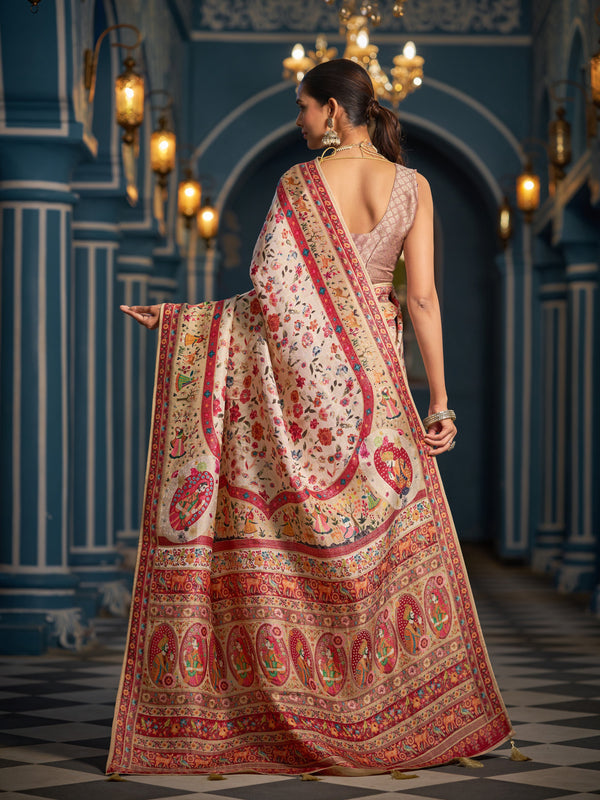 Cream Elegant Pashmina Kashmiri Jacquard Saree with Kalamkari & Meenakari Weaving ClothsVilla