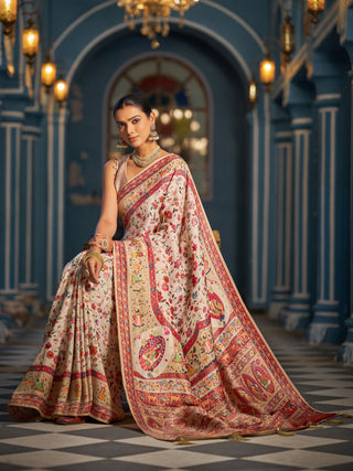 Cream Elegant Pashmina Kashmiri Jacquard Saree with Kalamkari & Meenakari Weaving ClothsVilla