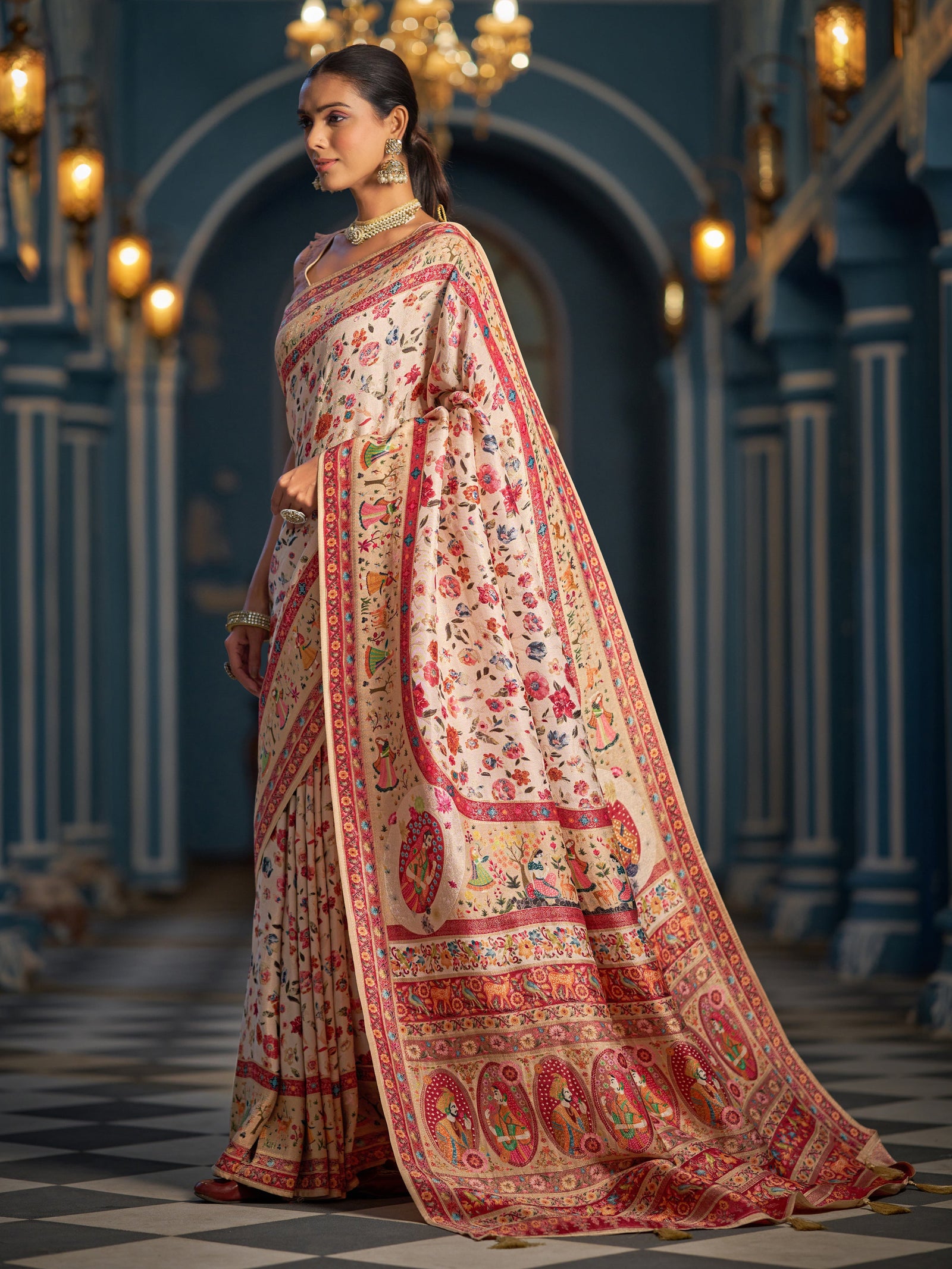 Cream Elegant Pashmina Kashmiri Jacquard Saree with Kalamkari & Meenakari Weaving ClothsVilla