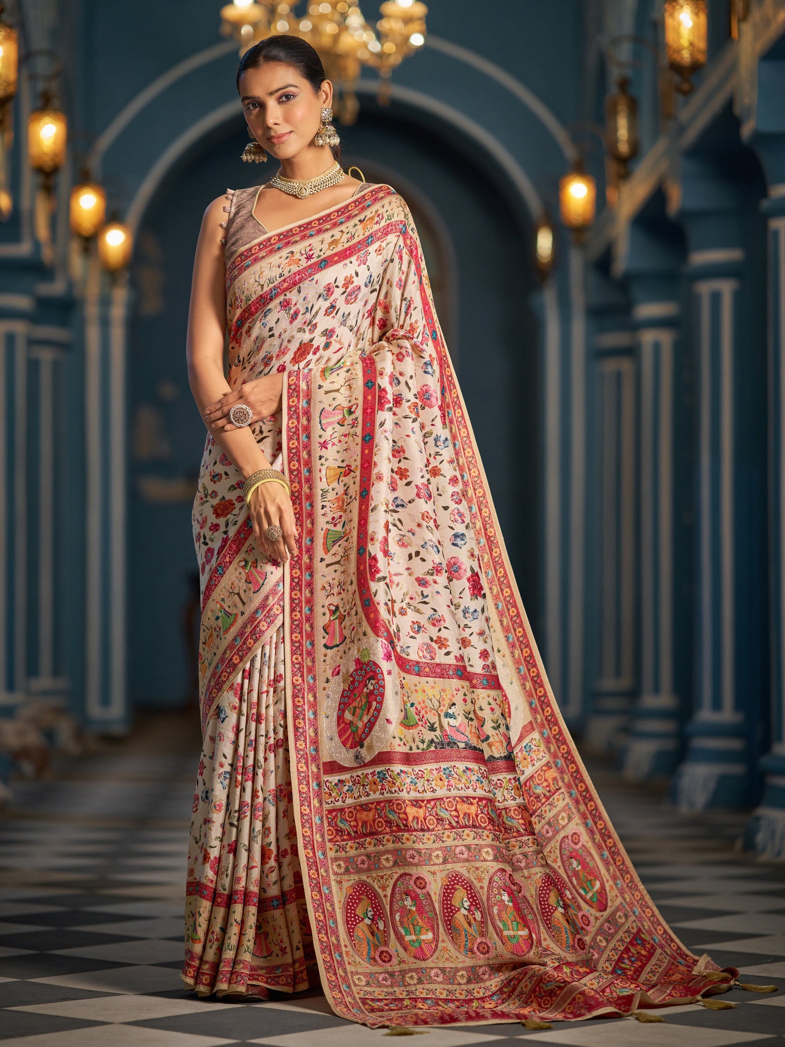 Cream Elegant Pashmina Kashmiri Jacquard Saree with Kalamkari & Meenakari Weaving ClothsVilla