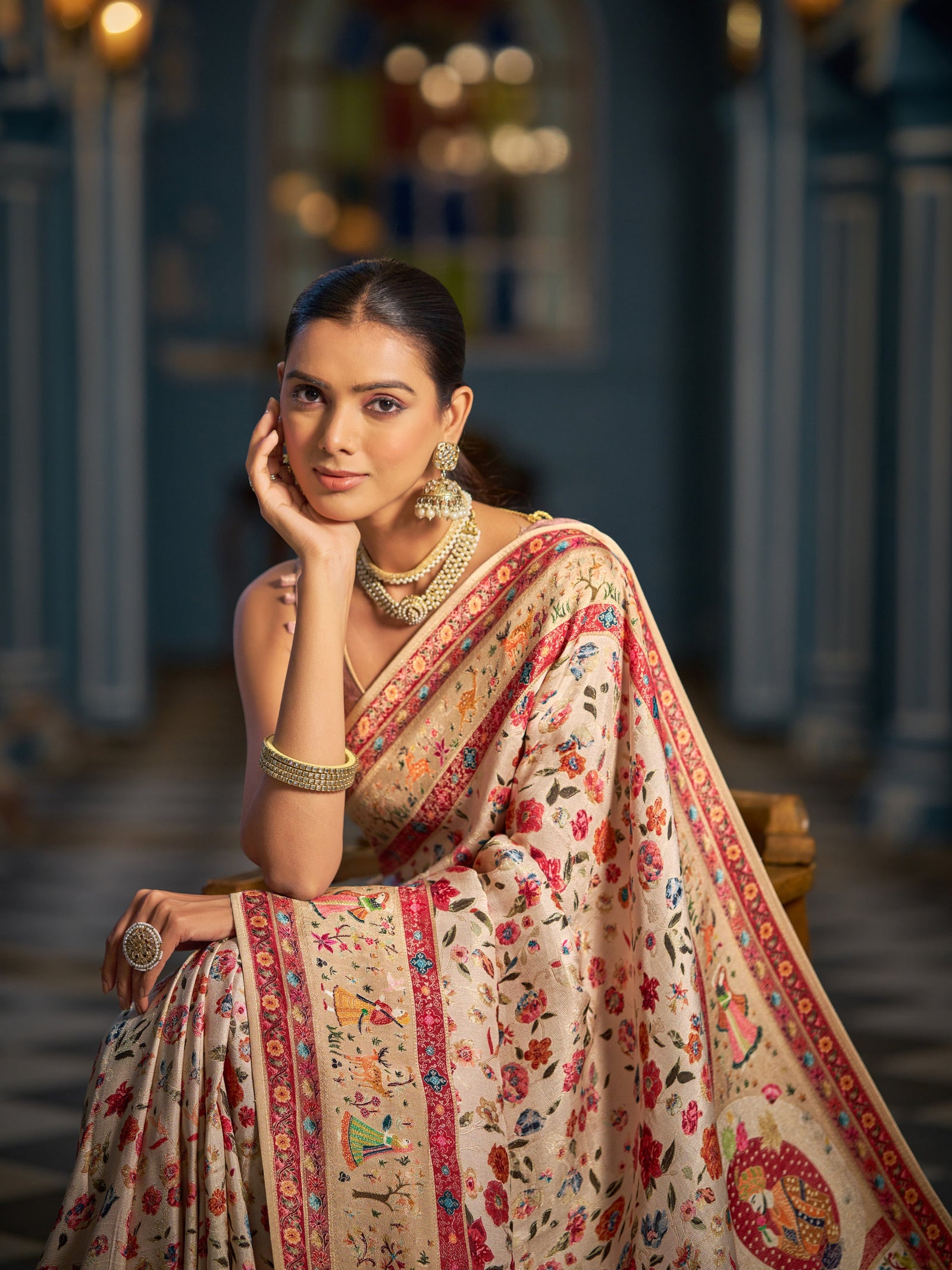 Cream Elegant Pashmina Kashmiri Jacquard Saree with Kalamkari & Meenakari Weaving ClothsVilla