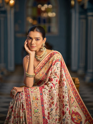 Cream Elegant Pashmina Kashmiri Jacquard Saree with Kalamkari & Meenakari Weaving ClothsVilla