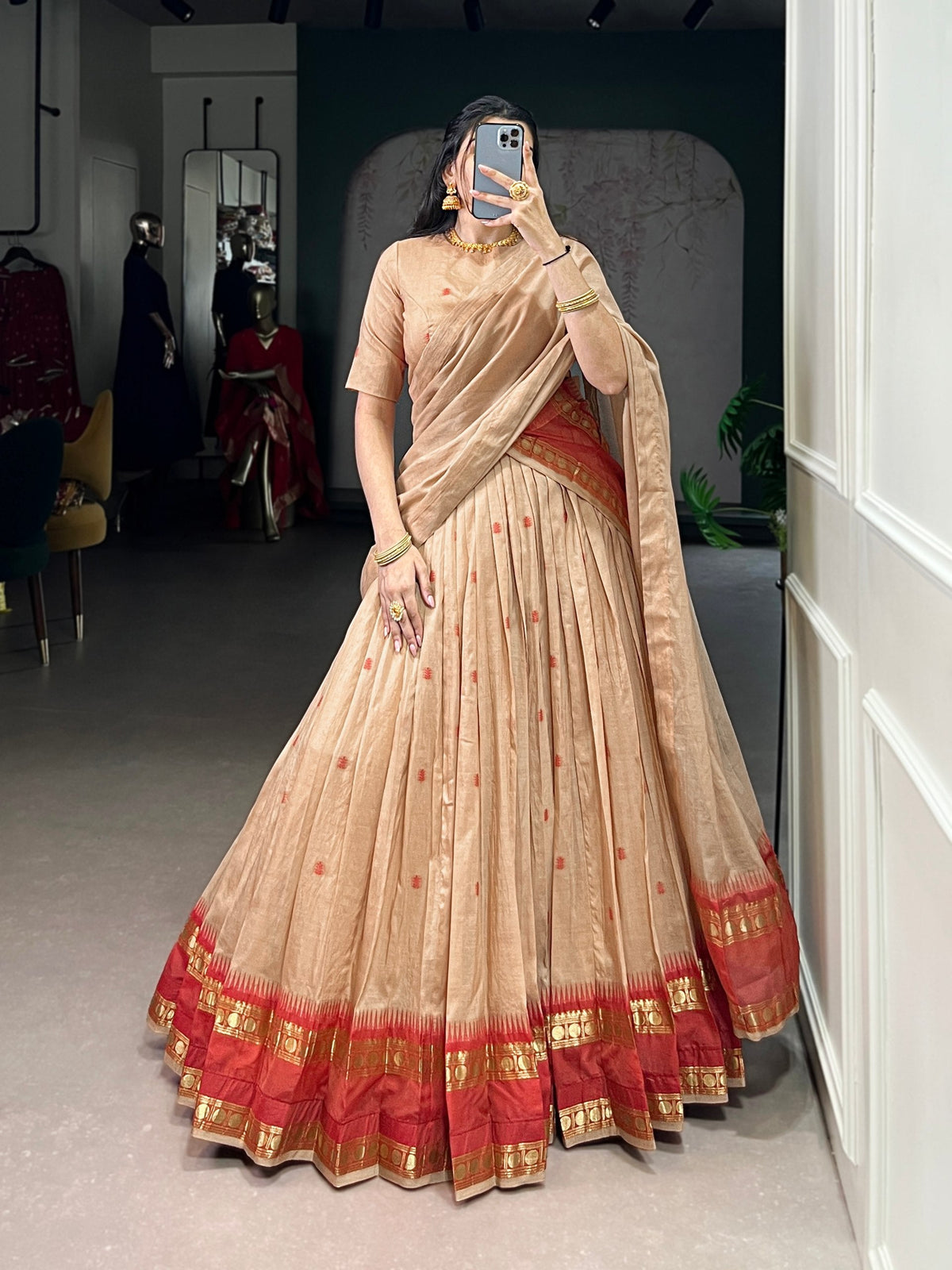 Cream Elegant Pure Chanderi Lehenga with Zari Weaving Work – Stitched Lehenga with Unstitched Blouse & Zari Dupatta Clothsvilla Main image