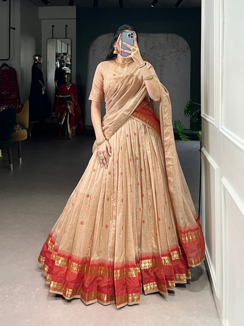 Cream Elegant Pure Chanderi Lehenga with Zari Weaving Work – Stitched Lehenga with Unstitched Blouse & Zari Dupatta Clothsvilla Main image