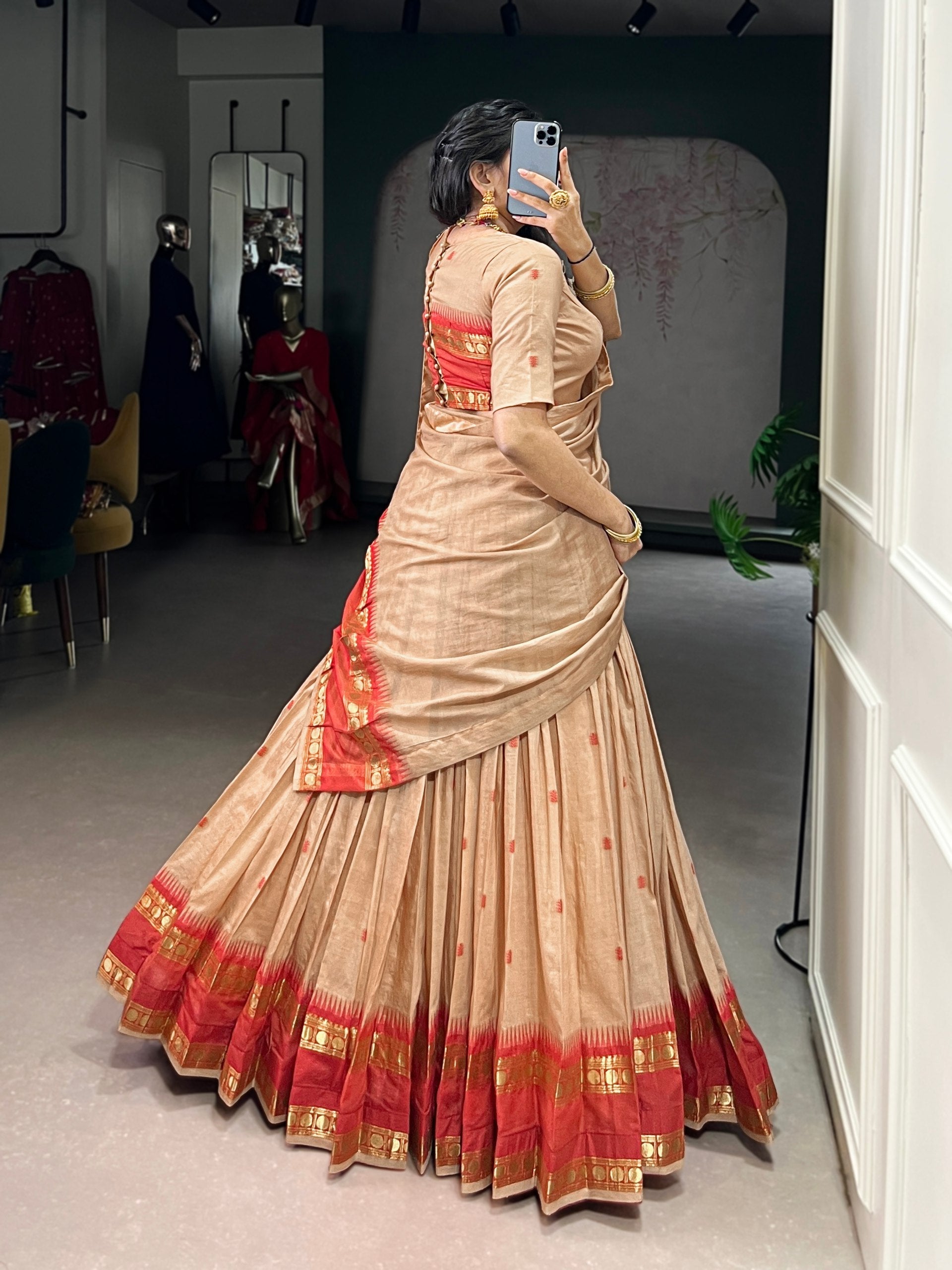 Cream Elegant Pure Chanderi Lehenga with Zari Weaving Work – Stitched Lehenga with Unstitched Blouse & Zari Dupatta Secondary image