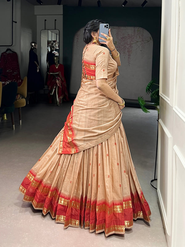 Cream Elegant Pure Chanderi Lehenga with Zari Weaving Work – Stitched Lehenga with Unstitched Blouse & Zari Dupatta Clothsvilla