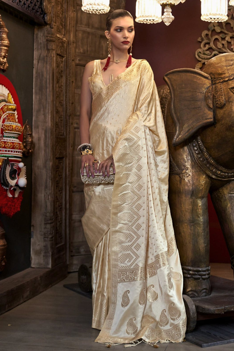 Cream Elegant Pure Satin Handloom Saree with Unstitched Blouse Piece Clothsvilla Main image