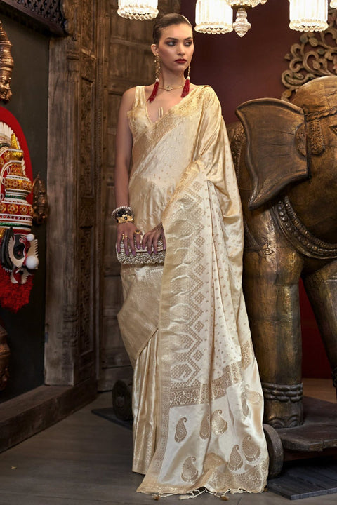 Cream Elegant Pure Satin Handloom Saree with Unstitched Blouse Piece Clothsvilla Main image