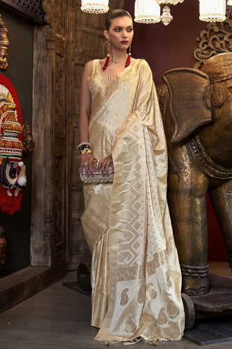 Cream Elegant Pure Satin Handloom Saree with Unstitched Blouse Piece Clothsvilla