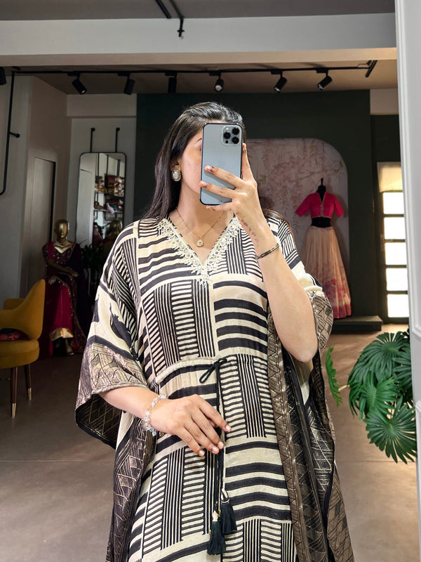 Cream Elegant Pure Viscose Handwork Kaftan with Zari Border ClothsVilla